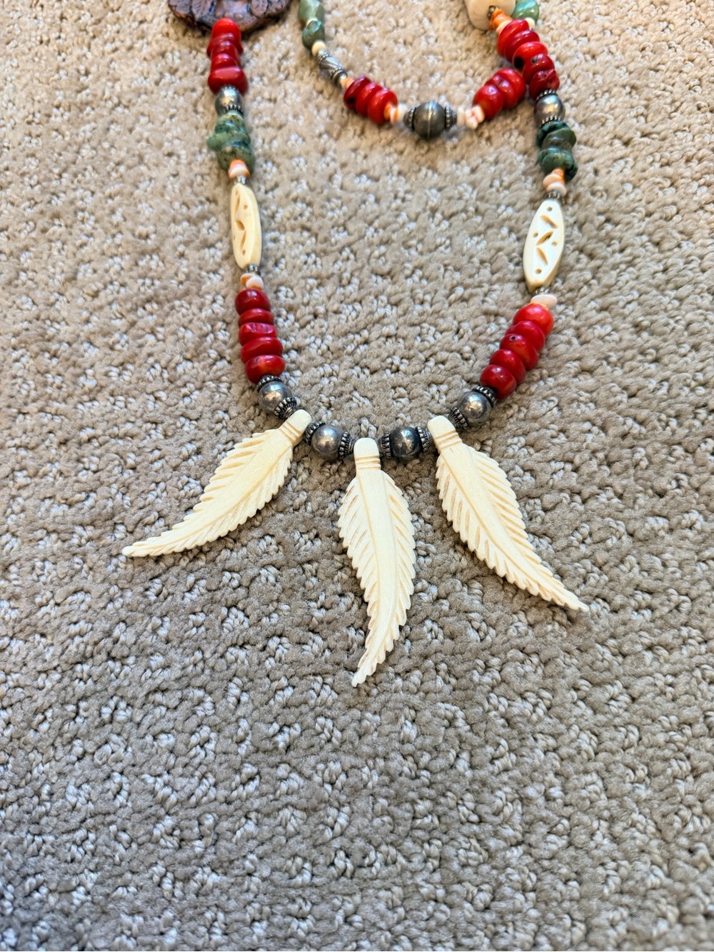 Carved Bone & Leather Chief Necklace w Heish Turquoise, Coral, Spiney Oyster - Picture 7 of 11
